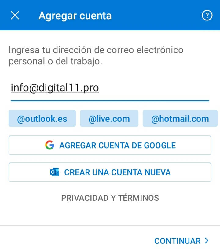 Agregar cuenta de Correo